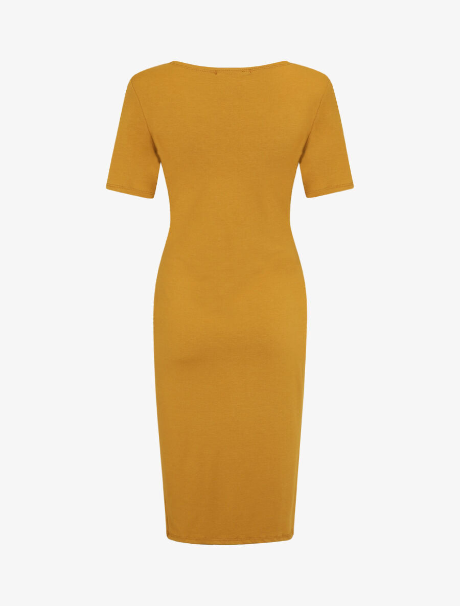 Robe portefeuille fendue manches courtes - Moutarde - 2