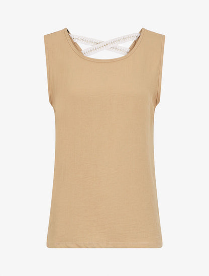 Top droit sans manches uni dos en V - Beige - 1