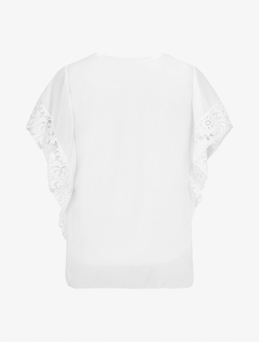 Top droit manches chauve-souris en dentelle - Blanc - 2