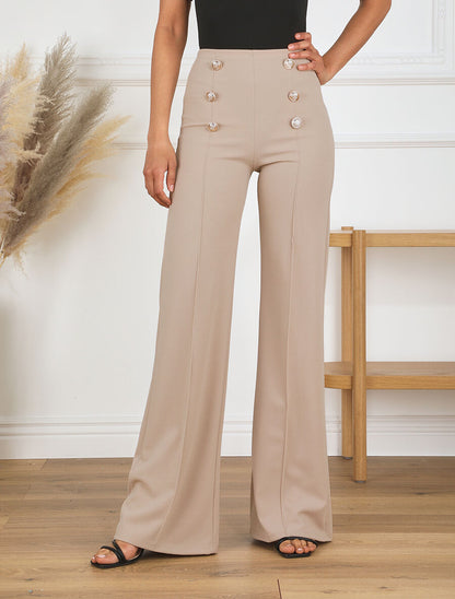 Pantalon long uni à taille haute - Beige - 4