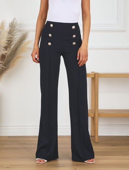 Pantalon long uni à taille haute - Marine - 4