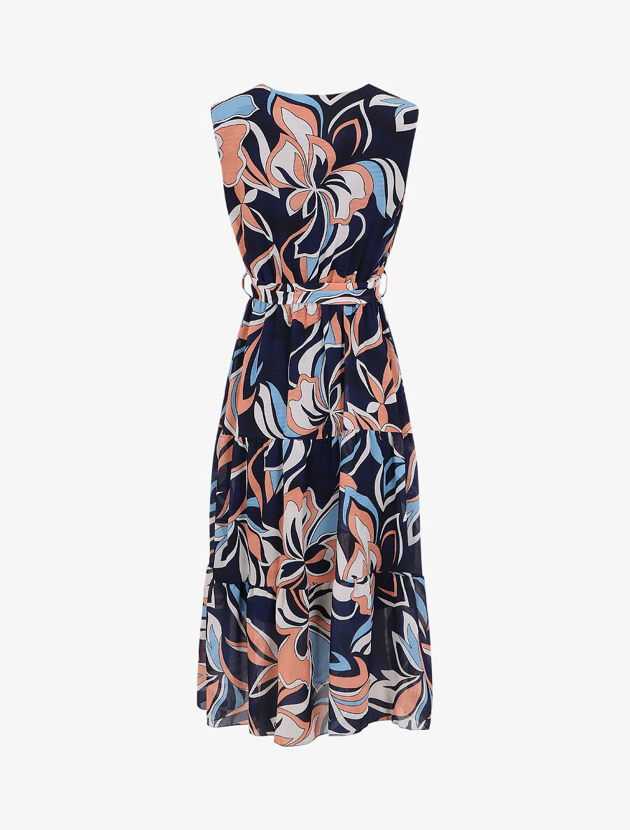Robe fleurie évasée longue sans manches - Marine - 2