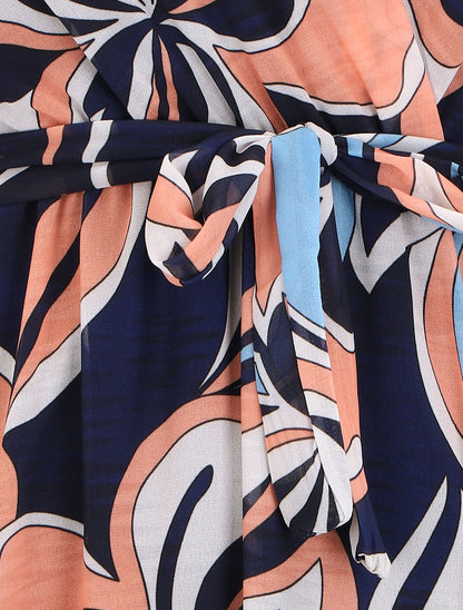 Robe fleurie évasée longue sans manches - Marine - 3