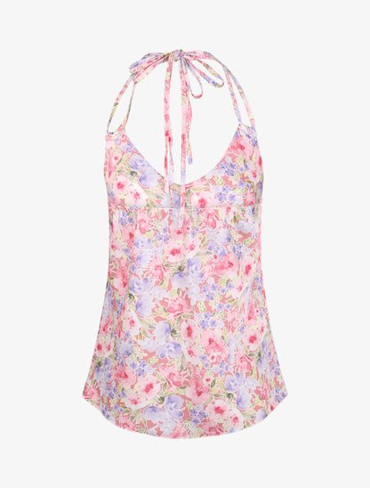 Top satiné à dos nu et imprimé floral style aquarelle - Rose - 2