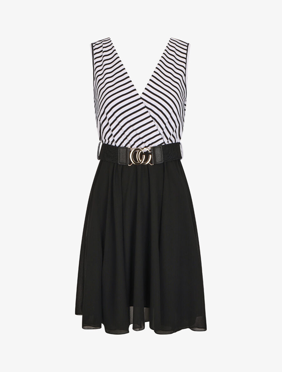 Robe bi-matière à haut imprimé style marinière - Noir - 5
