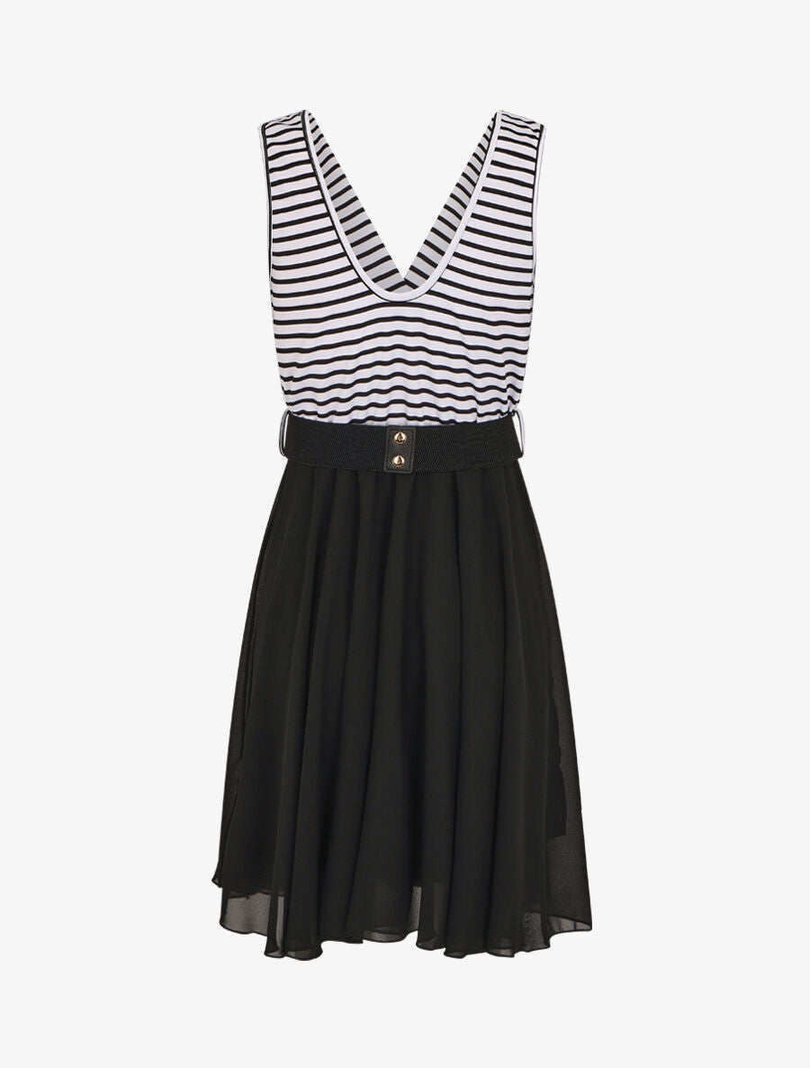 Robe bi-matière à haut imprimé style marinière - Noir - 2