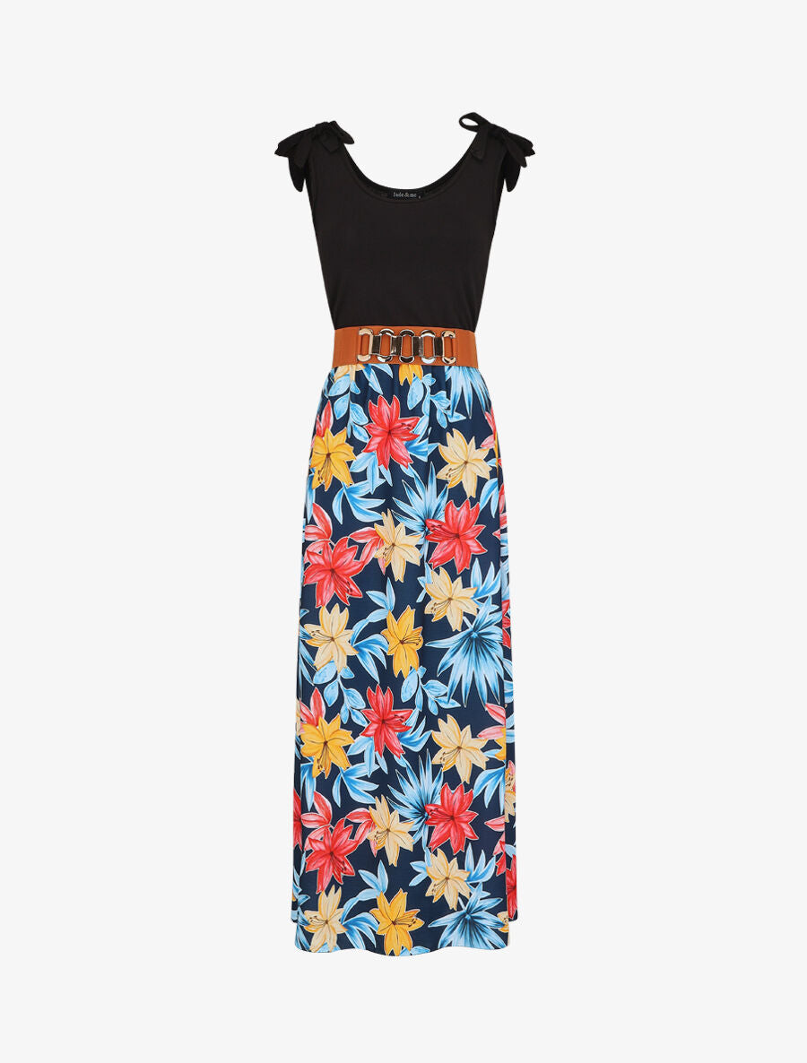 Robe longue évasée sans manches imprimé fleurs de lys - Marine - 5