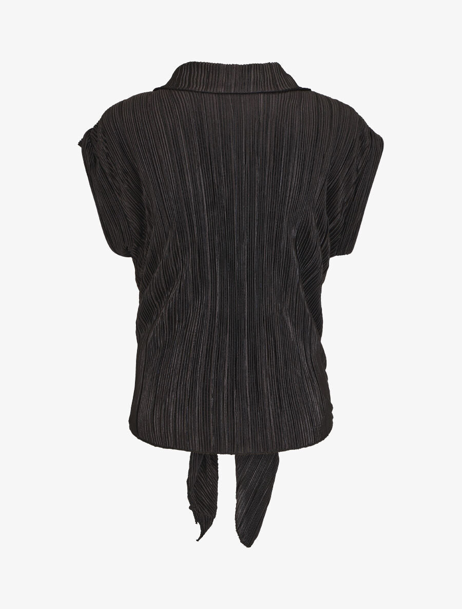 Chemise plissée à noeud et manches courtes - Noir - 2