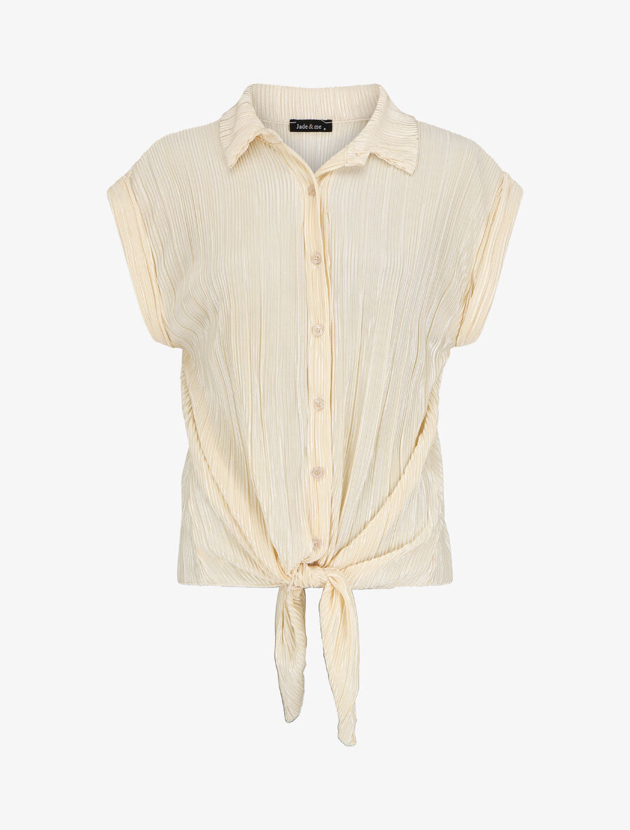 Chemise plissée à noeud et manches courtes - Beige - 5