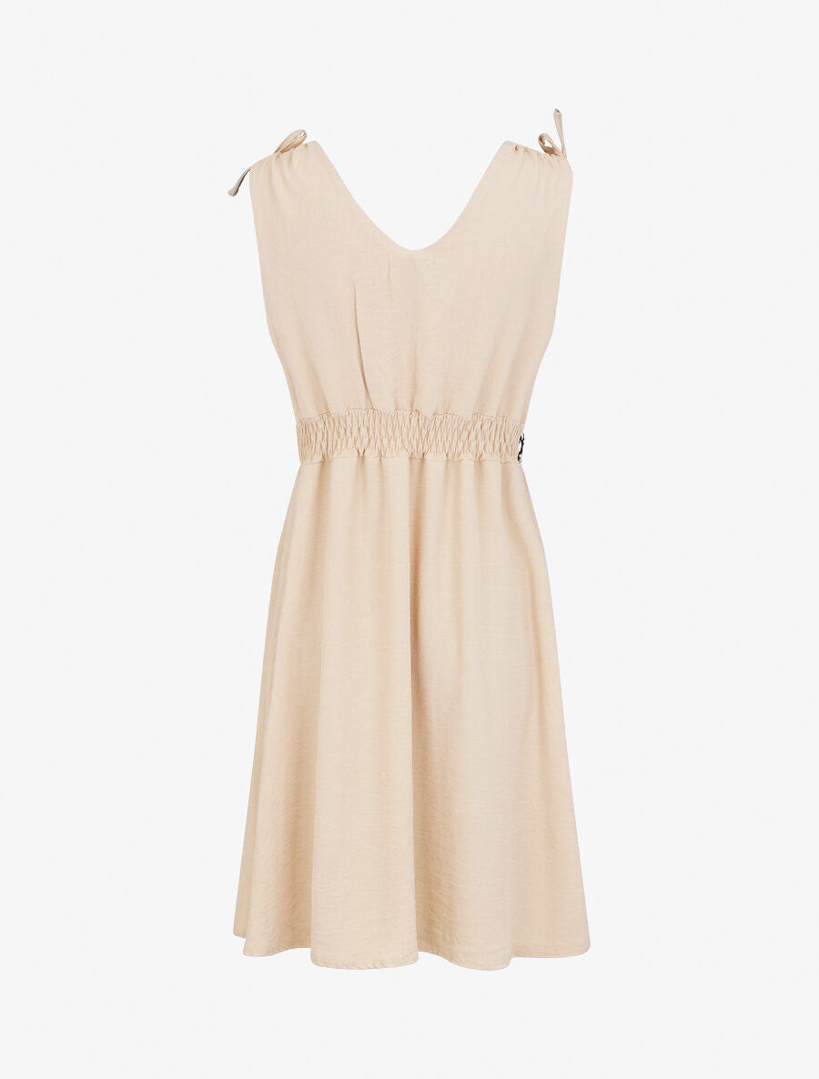 Robe uni à taille élastiquée - Beige - 2