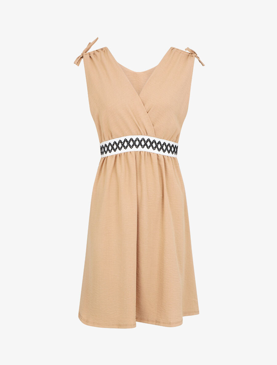 Robe uni à taille élastiquée - Camel - 1