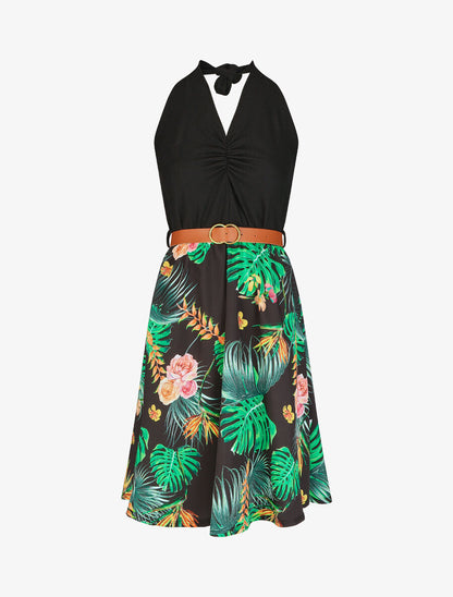 Robe mi-longue tropicale à dos nu - Noir - 1