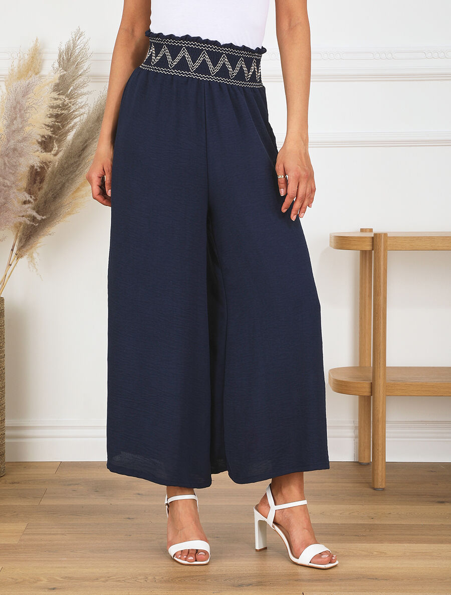 Pantalon ample à taille élastiquée - Marine - 4