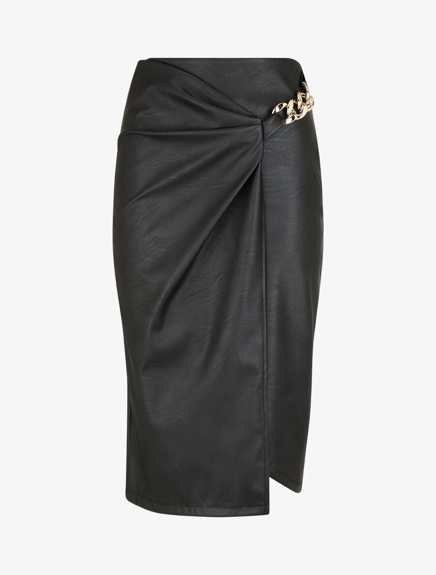 Jupe style portefeuille mi-longue en simili - Noir - 1