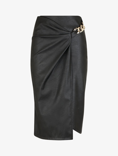 Jupe style portefeuille mi-longue en simili - Noir - 1