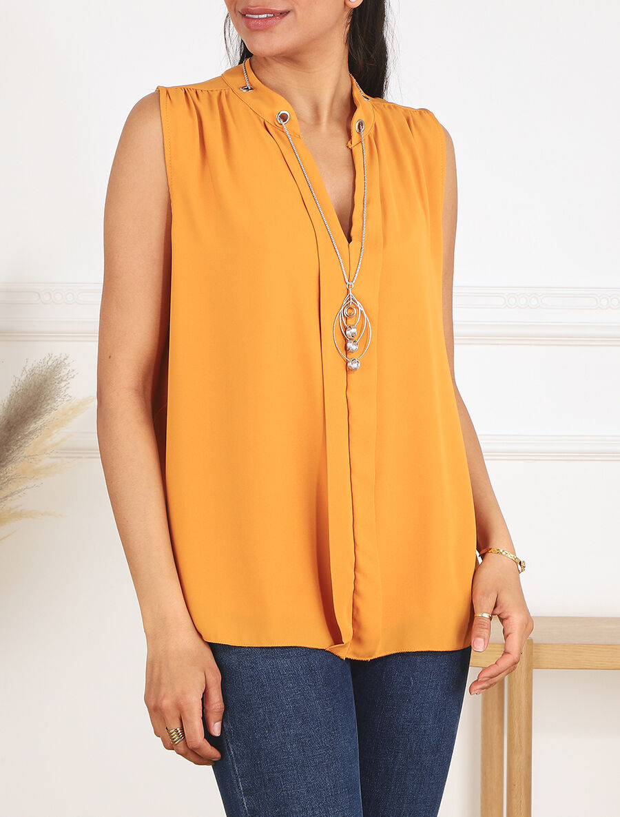Top sans manches en voile avec bijou - Jaune moutarde - 4