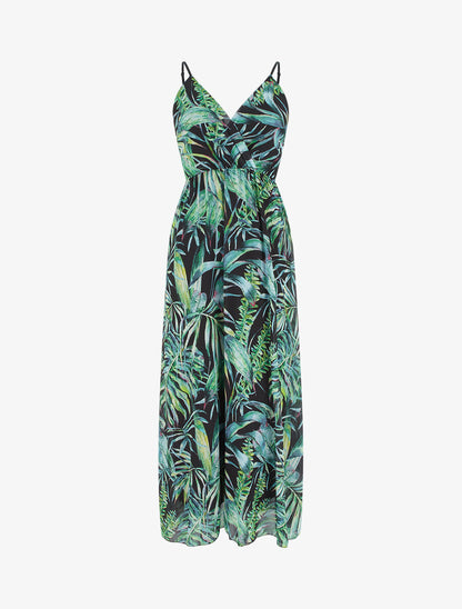 Robe longue à imprimé feuilles - Noir - 1