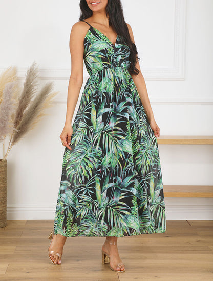 Robe longue à imprimé feuilles - Noir - 4