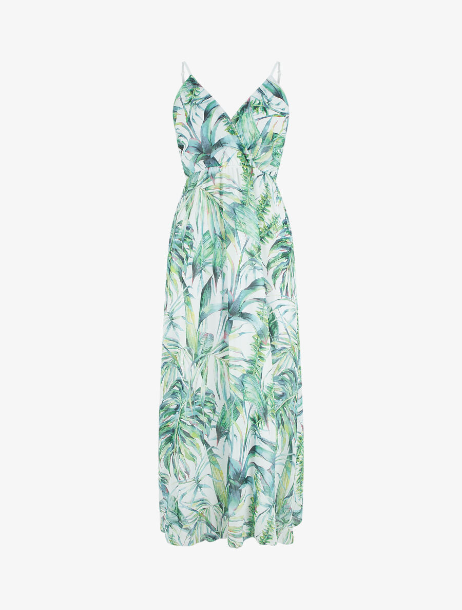 Robe longue à imprimé feuilles - Blanc - 1
