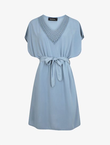 Robe droite unie ceinturée - Bleu ciel - 5