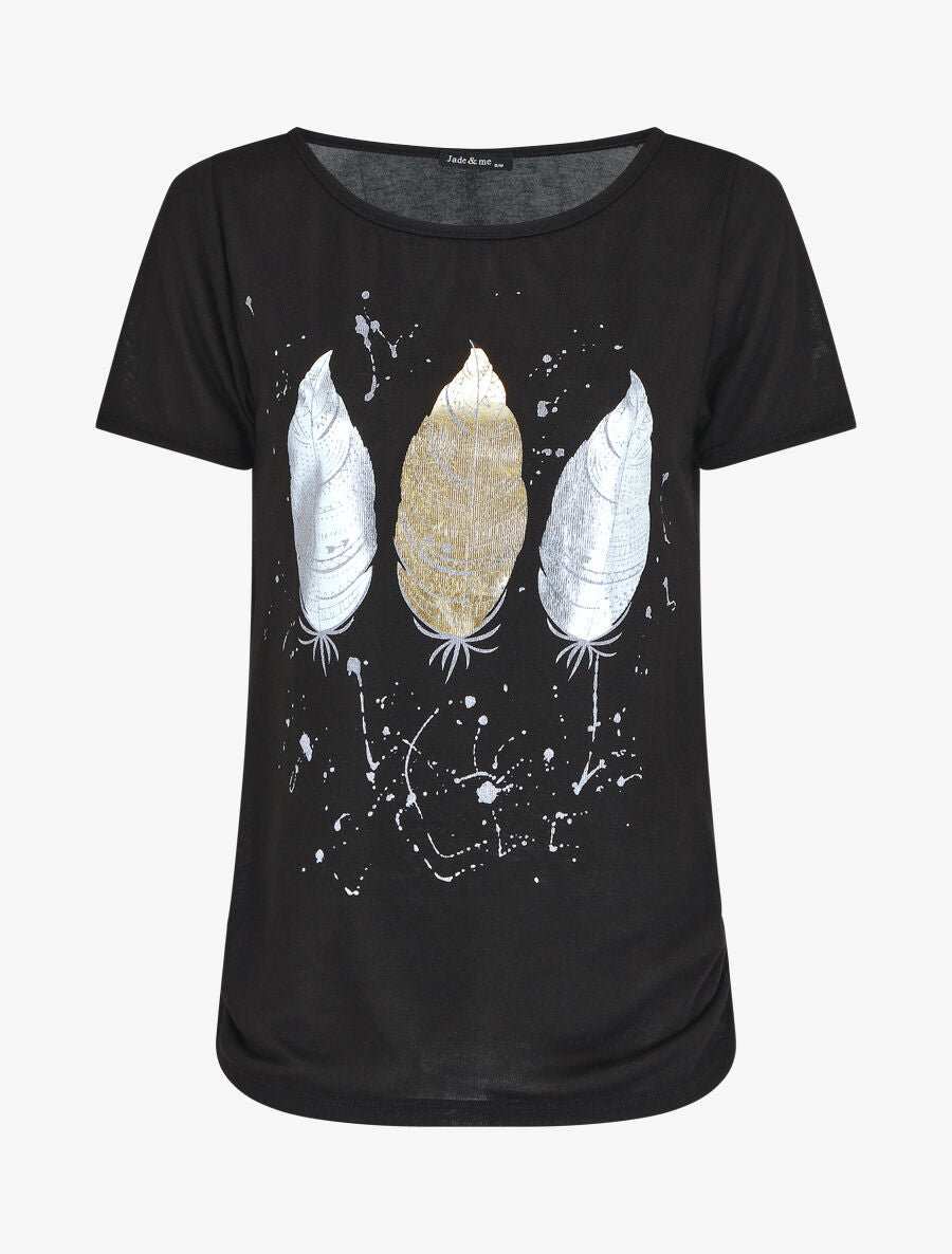 Top uni en maille fine à motif plumes irisées - Noir - 4