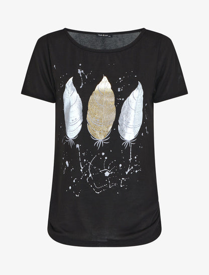 Top uni en maille fine à motif plumes irisées - Noir - 4