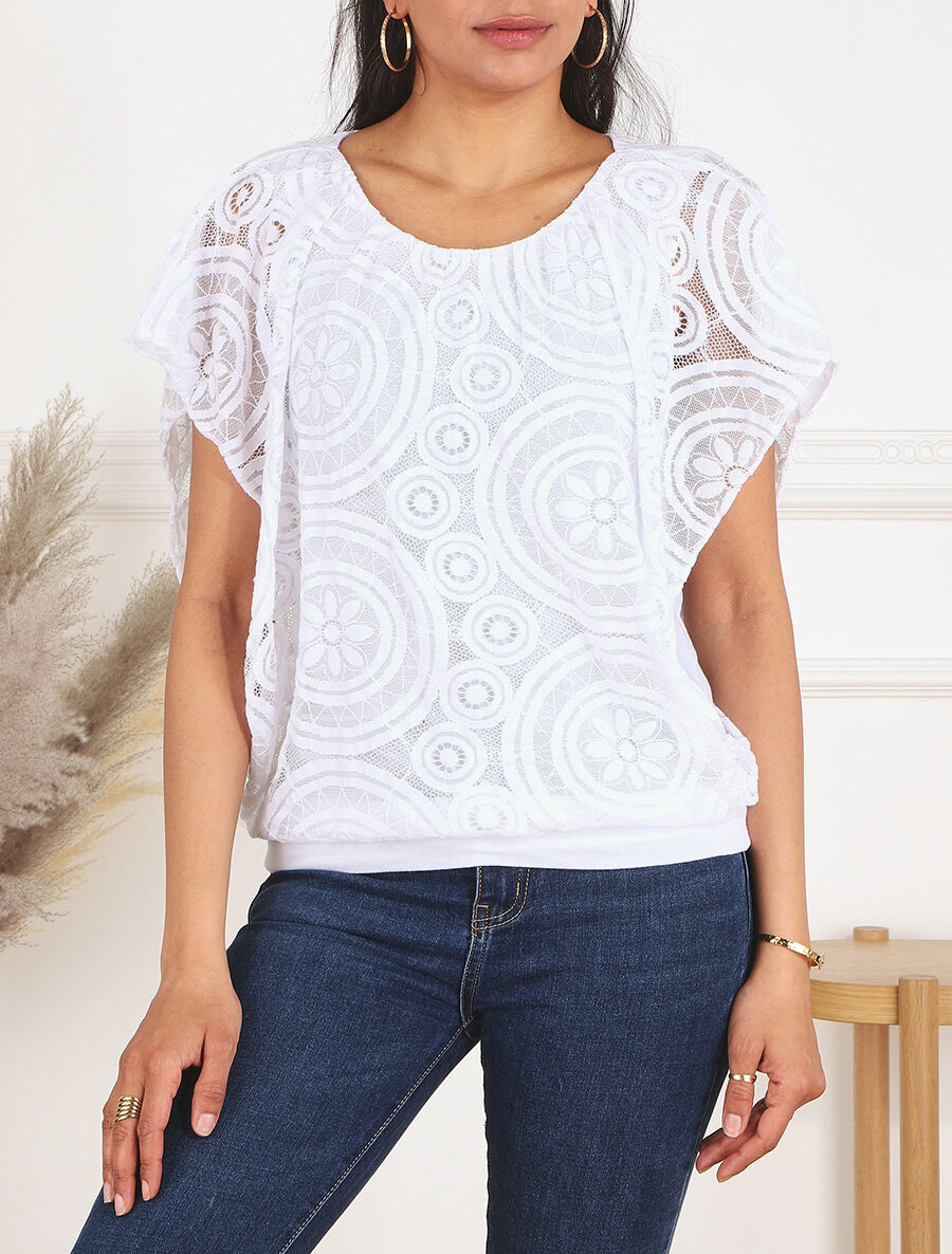 Blouse unie à broderies - Blanc - 4