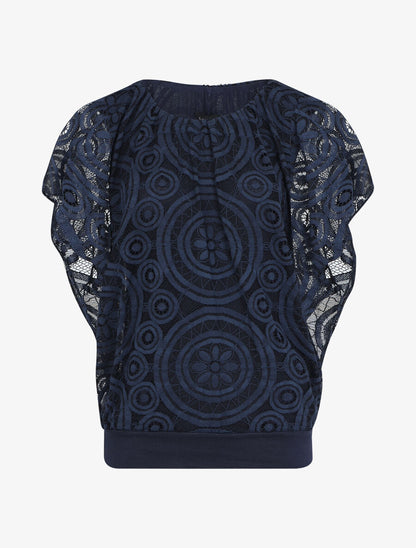 Blouse unie à broderies - Marine - 1