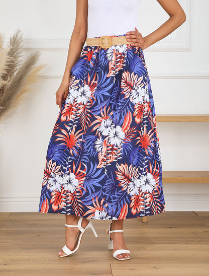 Jupe longue taille haute imprimé tropical - Marine - 4