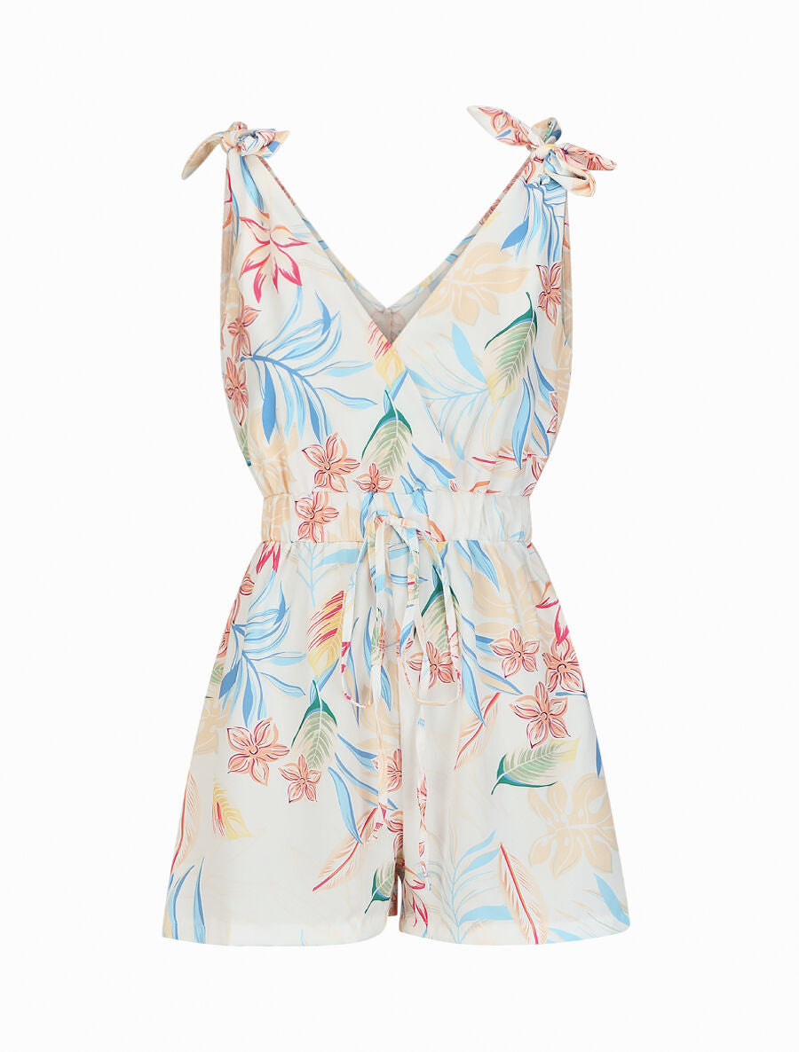 Combishort imprimé fleurs à taille élastiquée - Blanc - 4