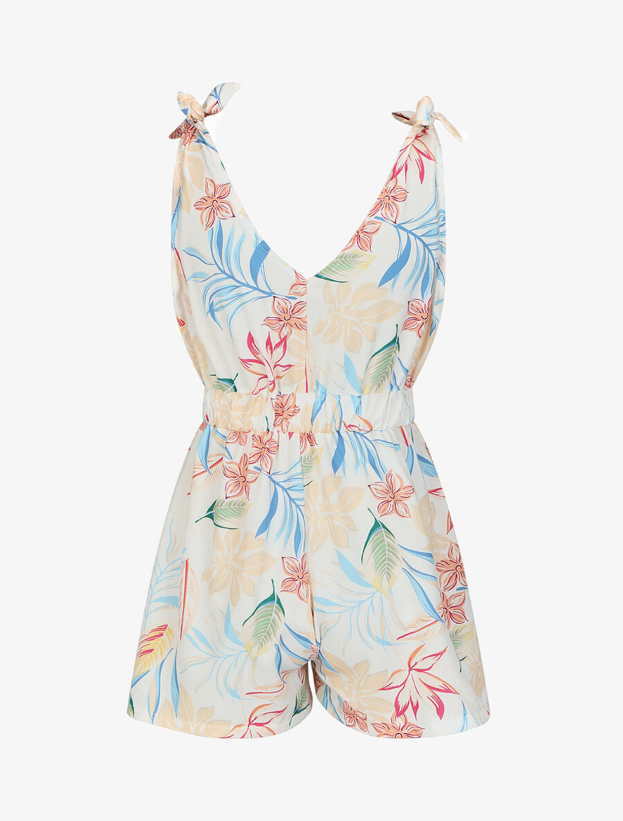 Combishort imprimé fleurs à taille élastiquée - Blanc - 2