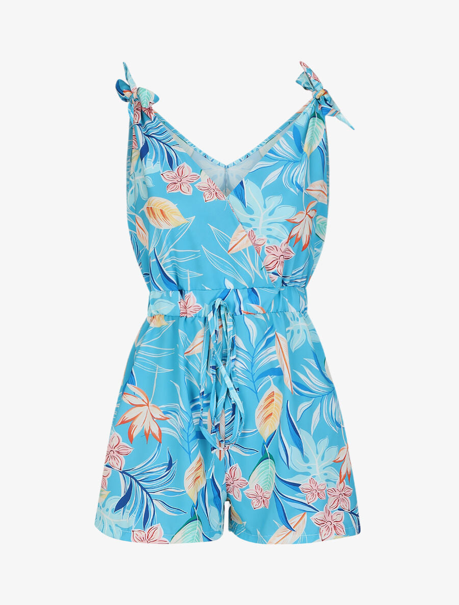 Combishort imprimé fleurs à taille élastiquée - Bleu ciel - 1