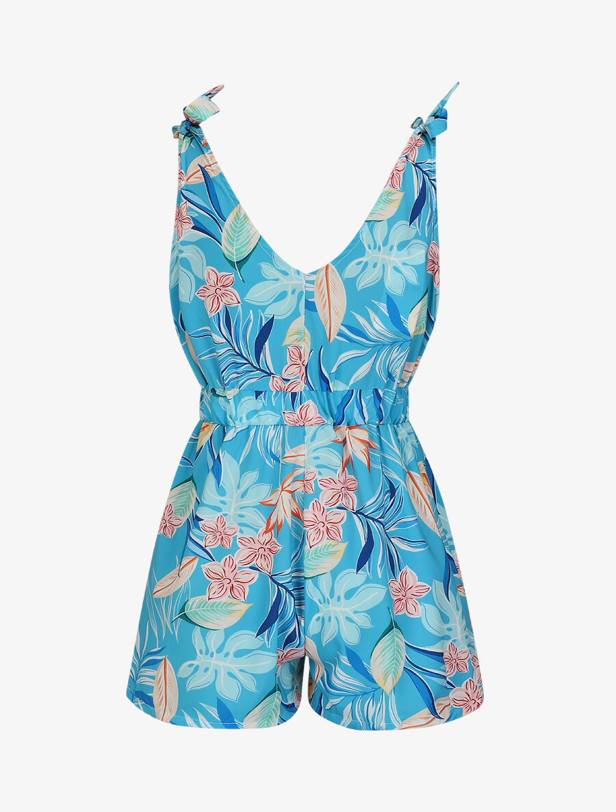 Combishort imprimé fleurs à taille élastiquée - Bleu ciel - 2