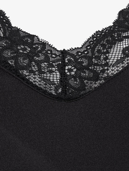 Body satiné à col en dentelle - Noir - 3