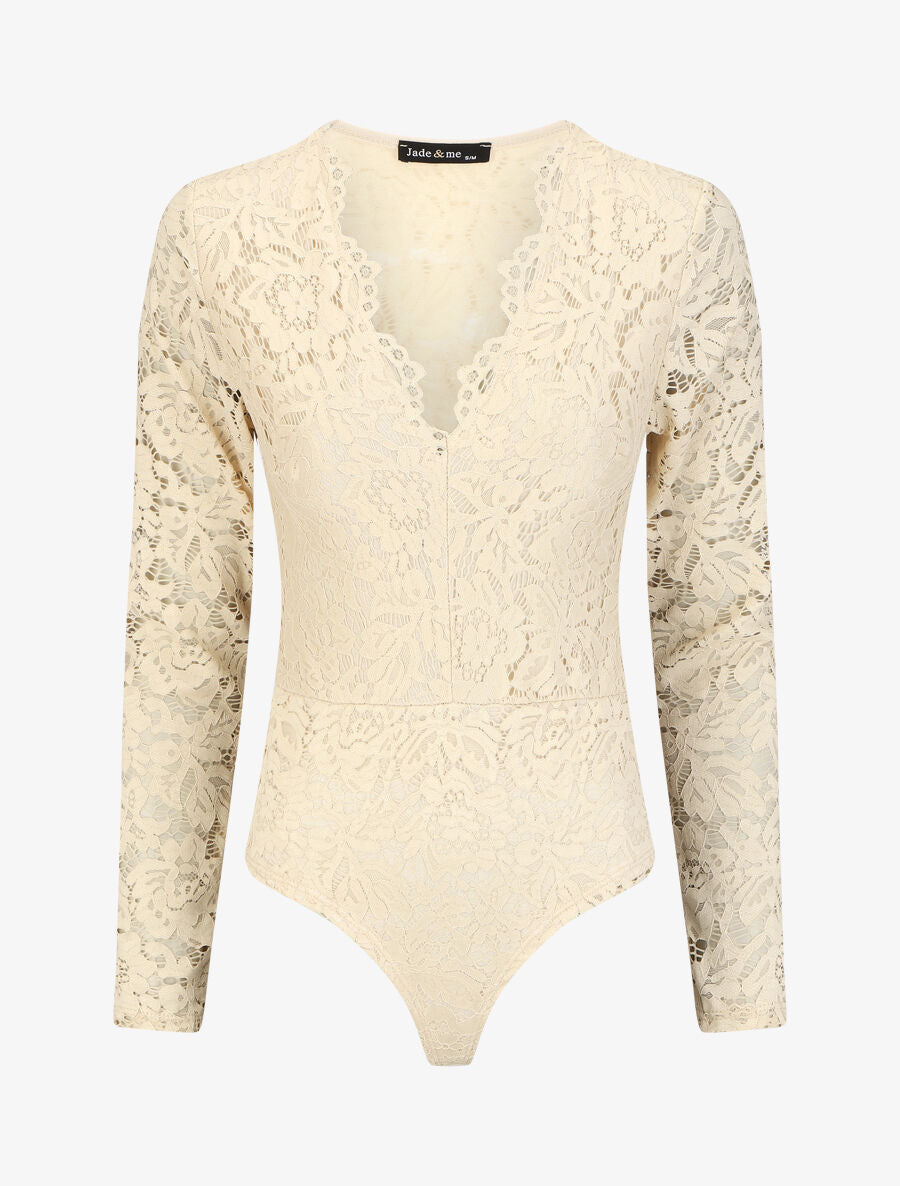 Body en dentelle à manches longues - Beige - 1
