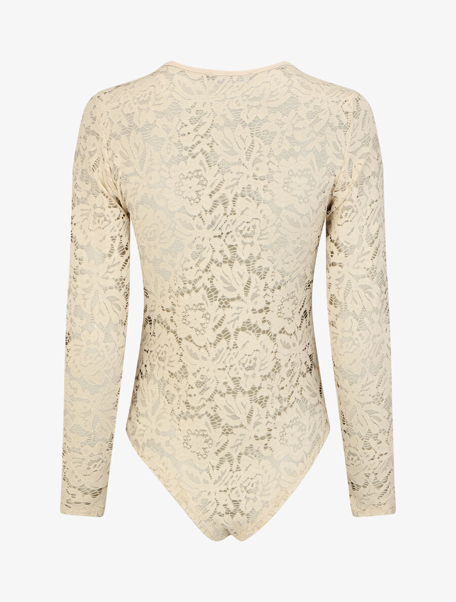 Body en dentelle à manches longues - Beige - 2