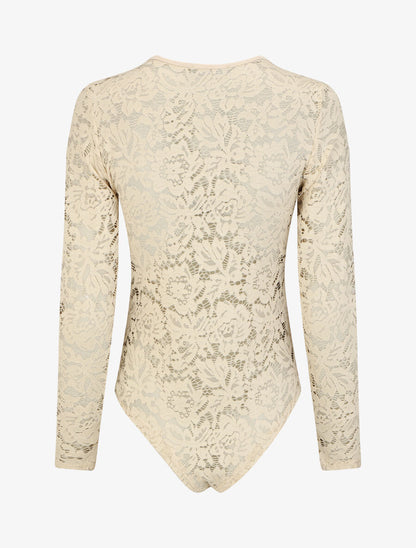 Body en dentelle à manches longues - Beige - 2