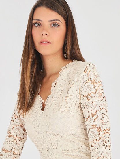 Body en dentelle à manches longues - Beige - 4