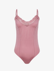 Body satiné à col en dentelle - Rose - 1