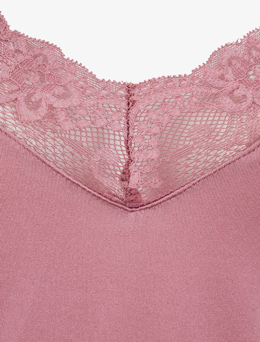 Body satiné à col en dentelle - Rose - 3