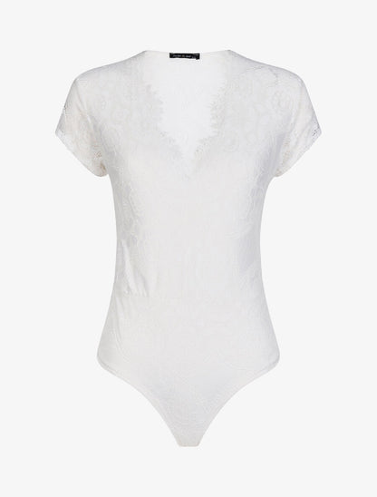 Body en dentelle à manches courtes - Blanc - 1