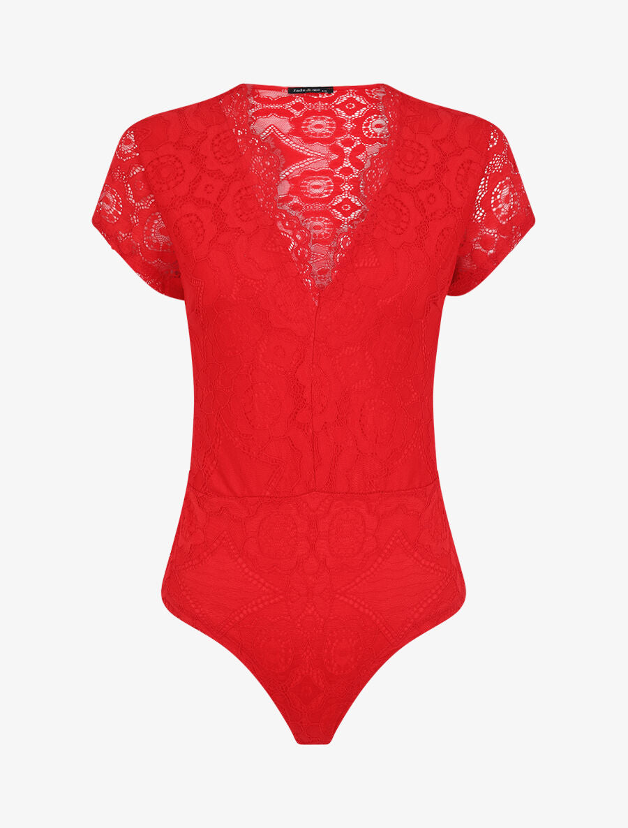 Body en dentelle à manches courtes - Rouge - 1