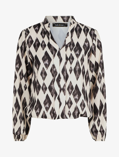 Top droit à manches longues imprimé losanges - Beige - 1