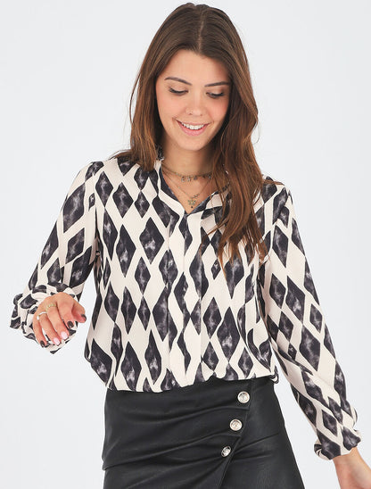 Top droit à manches longues imprimé losanges - Beige - 5