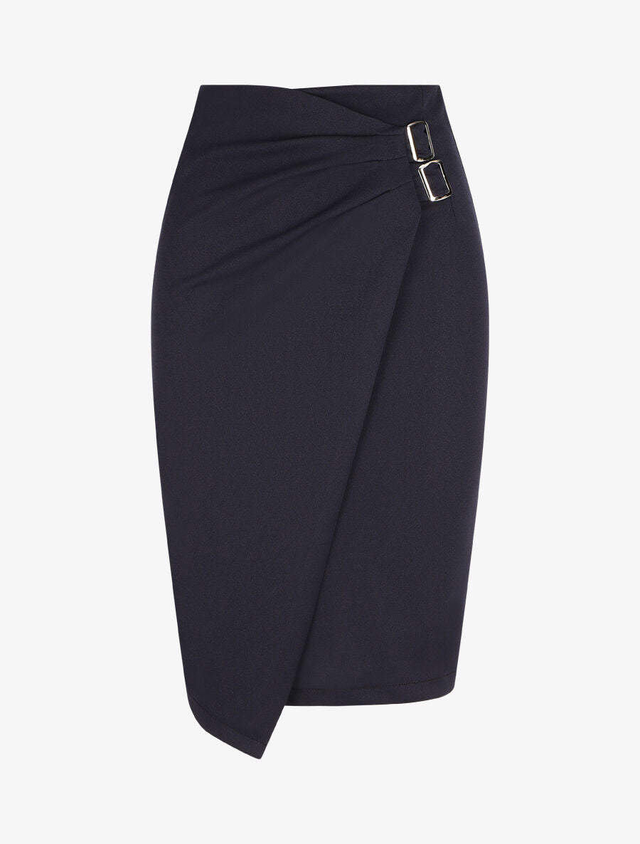 Jupe crayon taille haute style portefeuille - Marine - 4