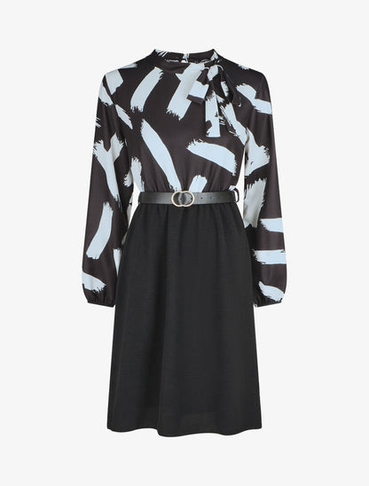 Robe évasée manches longues imprimé abstrait - Noir - 1