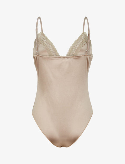 Body satiné à détail dentelle - Beige - 2
