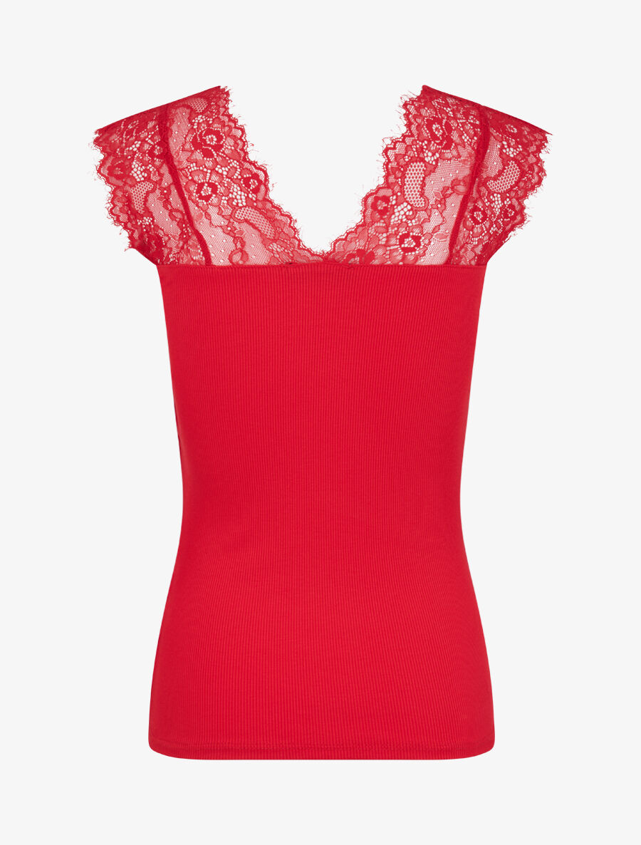 Top côtelé à épaules en dentelle - Rouge - 2