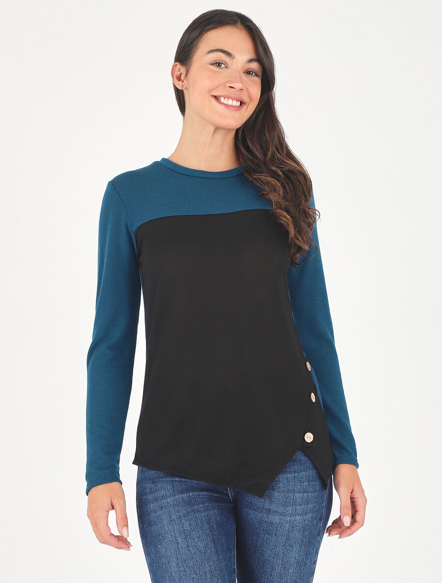 Pull droit bicolore à bords asymétrique - Bleu canard - 4