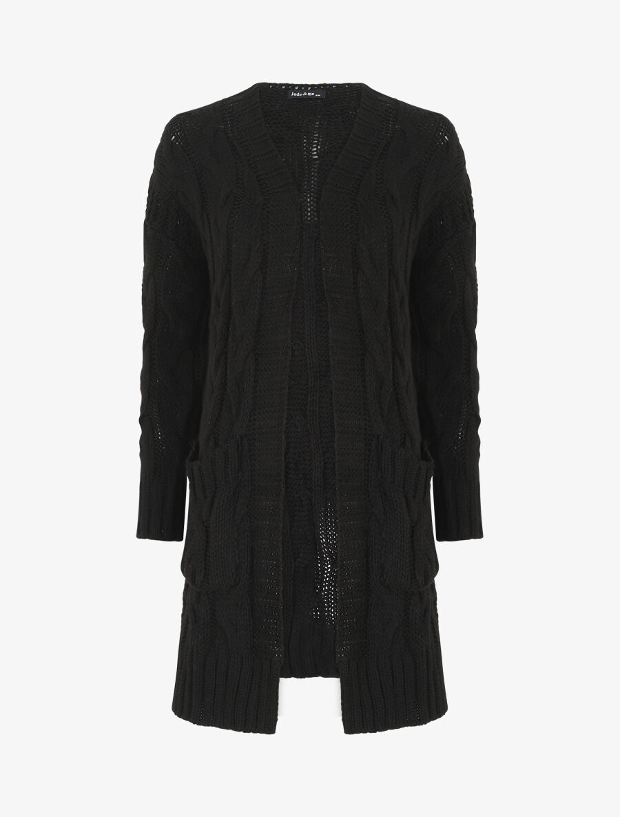 Gilet long en maille tressée - Noir - 4